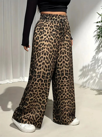 GIBSIE Plus Size Leopard Print Drawstring Wide Leg Pants Women 2025 Spring Summer High Waist Loose Casual Straight Trousers