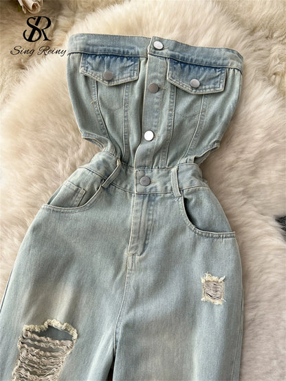 SINGREINY American Retro Streetwear Denim Jumpsuits Zipper Pocket High Waist Wide Legs Ripped Pants Summer Women Slim Rompers