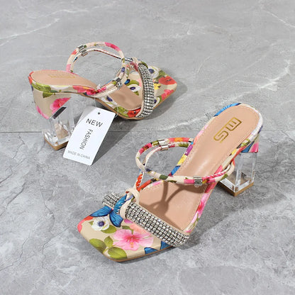 Summer New Crystal Open Toe Mixed Color High Heels Women Sandals