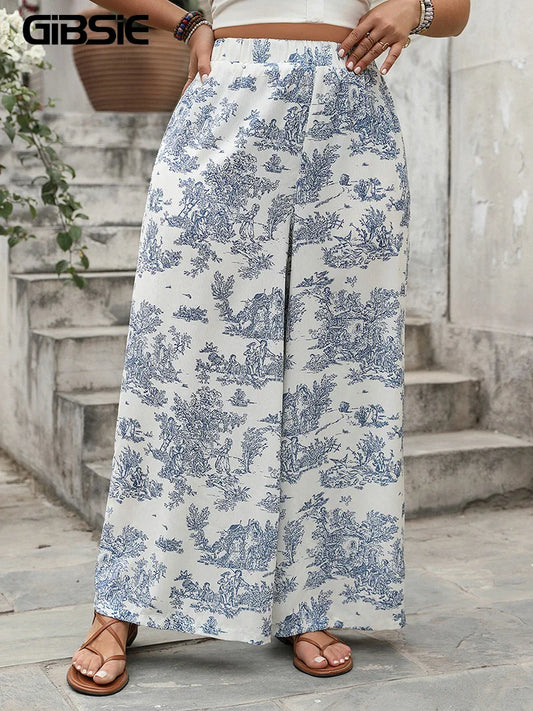 GIBSIE Plus Size Women's Boho Printed Casual Pants 2025 New Summer High Elastic Waist Loose Wide Leg Trousers Female Bottoms