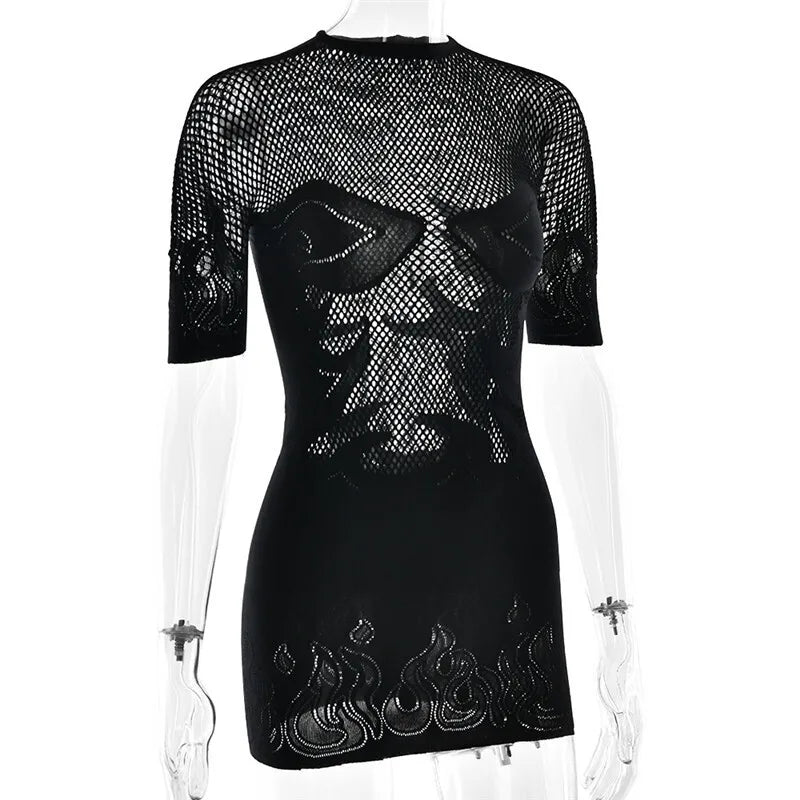 Sifreyr High Stretch Sheer Mini Dress Women Basics Solid Color O Neck Short Sleeve Slim Bodycon Party Sexy Dresses Fashion