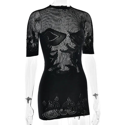Sifreyr High Stretch Sheer Mini Dress Women Basics Solid Color O Neck Short Sleeve Slim Bodycon Party Sexy Dresses Fashion