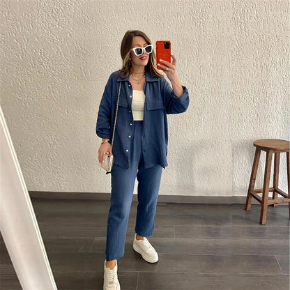 summer outfits for women 2025 New Loose Button Long Sleeve Shirt and Cropped Pants Casual Sports Summer women's suit Pants Set