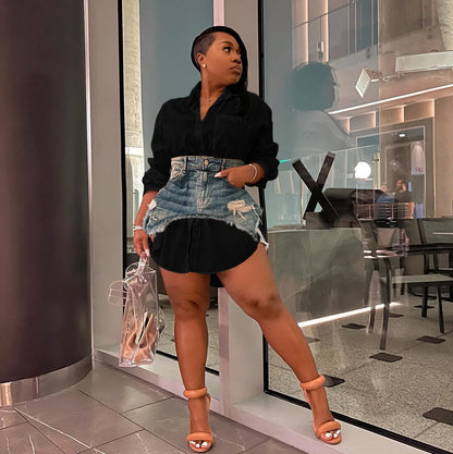 Joskaa Solid Lapel Long Sleeve Single Breasted Shirt Dress and Irregular Denim Skirt Two Piece Set Women 2023 Cute Street Outfit