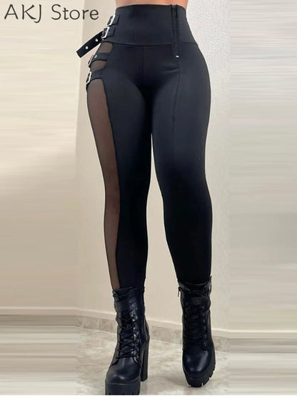 Sexy Sheer Mesh Lace Embroidery Patchwork Skinny Pants