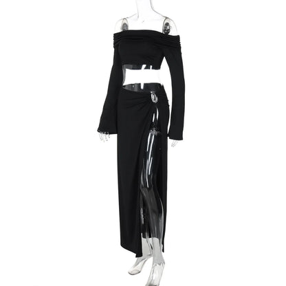 Women's Solid Beach Skirt Sets Sexy High Split Slim Bohemian Outfits Off The Shoulder Holiday Fashion 2 Piece Set 2025 Beachwear
