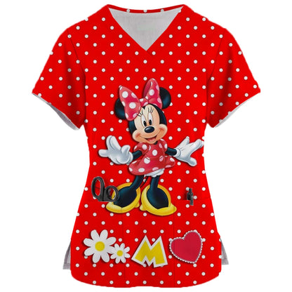 2024 New Minnie Mouse Print Nurse Medical Uniforms V-neck Short Sleeve Pocket Workwear Top Scrubs Medical Accessories Uniform