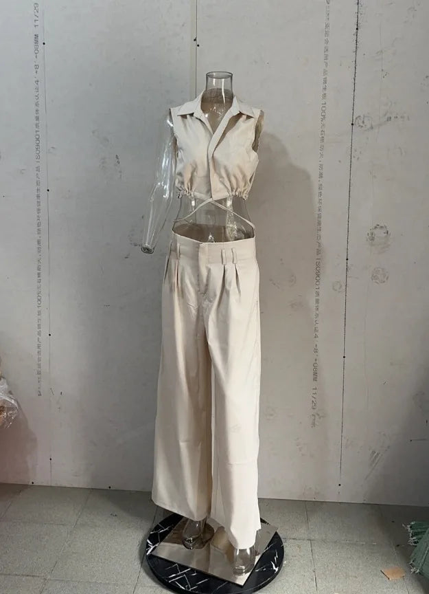 Women Two Piece Pants Set 2025 Solid Lapel V Neck Sleeveless Crop Top + Casual High Waist Pocket Wide Leg Pants Set Streetwear
