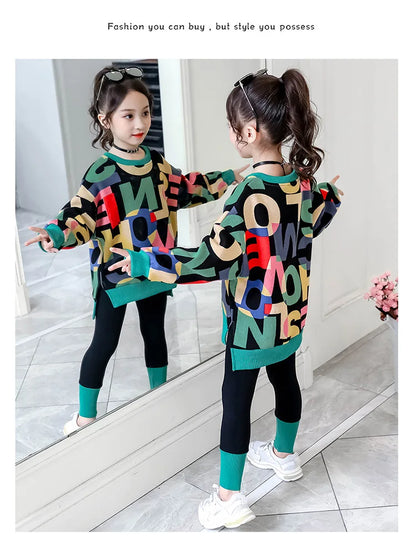 2025 girls clothes autumn winter letter sweatshirt t-shirt hooded + stretch pants leggings cotton teens child 8 9 10 11 12 year