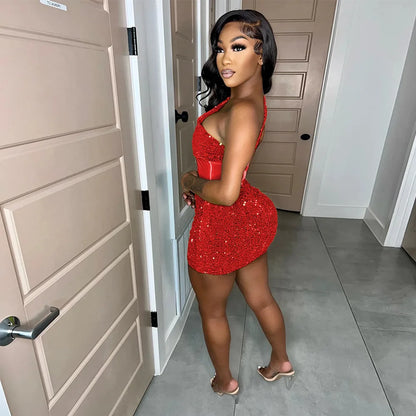 2023 Summer Women Sleeveless One Shoulder Bodycon Sexy Glitter Sequined Mesh Patchwork Mini Dress For Women Birthday Party