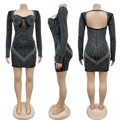 Solid Color Mesh Rhinestone Long Sleeve Backless Night Club Dress