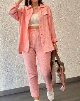 summer outfits for women 2025 New Loose Button Long Sleeve Shirt and Cropped Pants Casual Sports Summer women's suit Pants Set