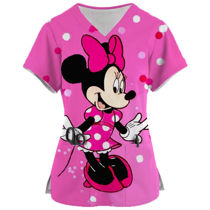 2024 New Minnie Mouse Print Nurse Medical Uniforms V-neck Short Sleeve Pocket Workwear Top Scrubs Medical Accessories Uniform