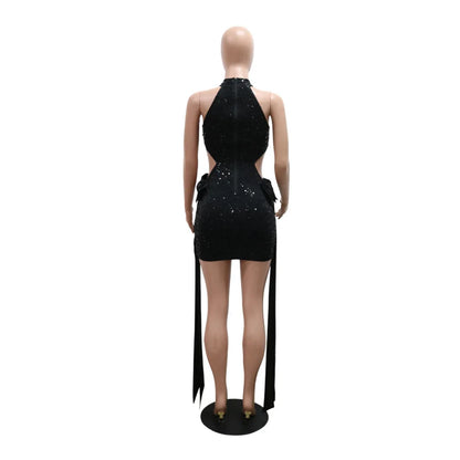 FAGADOER Bow Patchwork Bodycon Birthday Party Mini Sequined Dress Black Sexy Side Hollow Halter Tassel Night Clubwear 2024 New