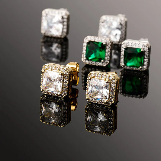 1 Pair Hip Hop 3A+ CZ Stone Pave Bling Ice Out Geometric Square Stud Earrings for Men Rapper Jewelry Gold Silver Color