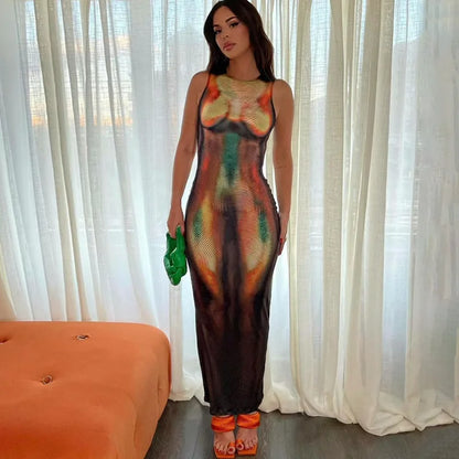 Summer 2024 Y2K Print Sexy Evening Party Club Birthday Maxi Dress for Women Bodycon Sleeveless Long Dresses Outfits Streetwear