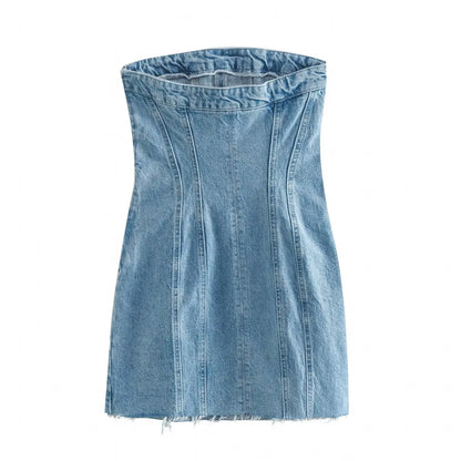 Nlzgmsj Sexy Blue Denim Sheath Mini Party Dress Women Y2K Street Style Jeans Tube Backless Bodycon Dress Fashion 2024 Vestidos