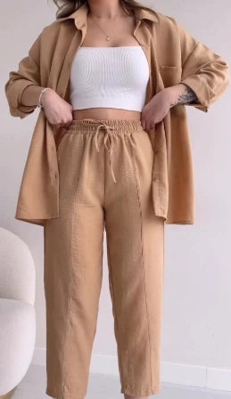 summer outfits for women 2025 New Loose Button Long Sleeve Shirt and Cropped Pants Casual Sports Summer women's suit Pants Set