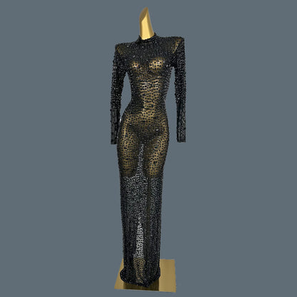 Stunning Evening Gown Long Dress Birthday Celebrate Luxurious Costume Sparkly Big Rhinestone Dancer Flashing Party Dress Gesebei