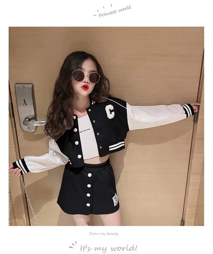 Spring Autumn Teen Girls Clothing Sets Fashion Baseball Coats + Slim Skirt 2Pcs Outfits Kids Tracksuit 5 6 7 8 9 10 11 12 13 Yrs
