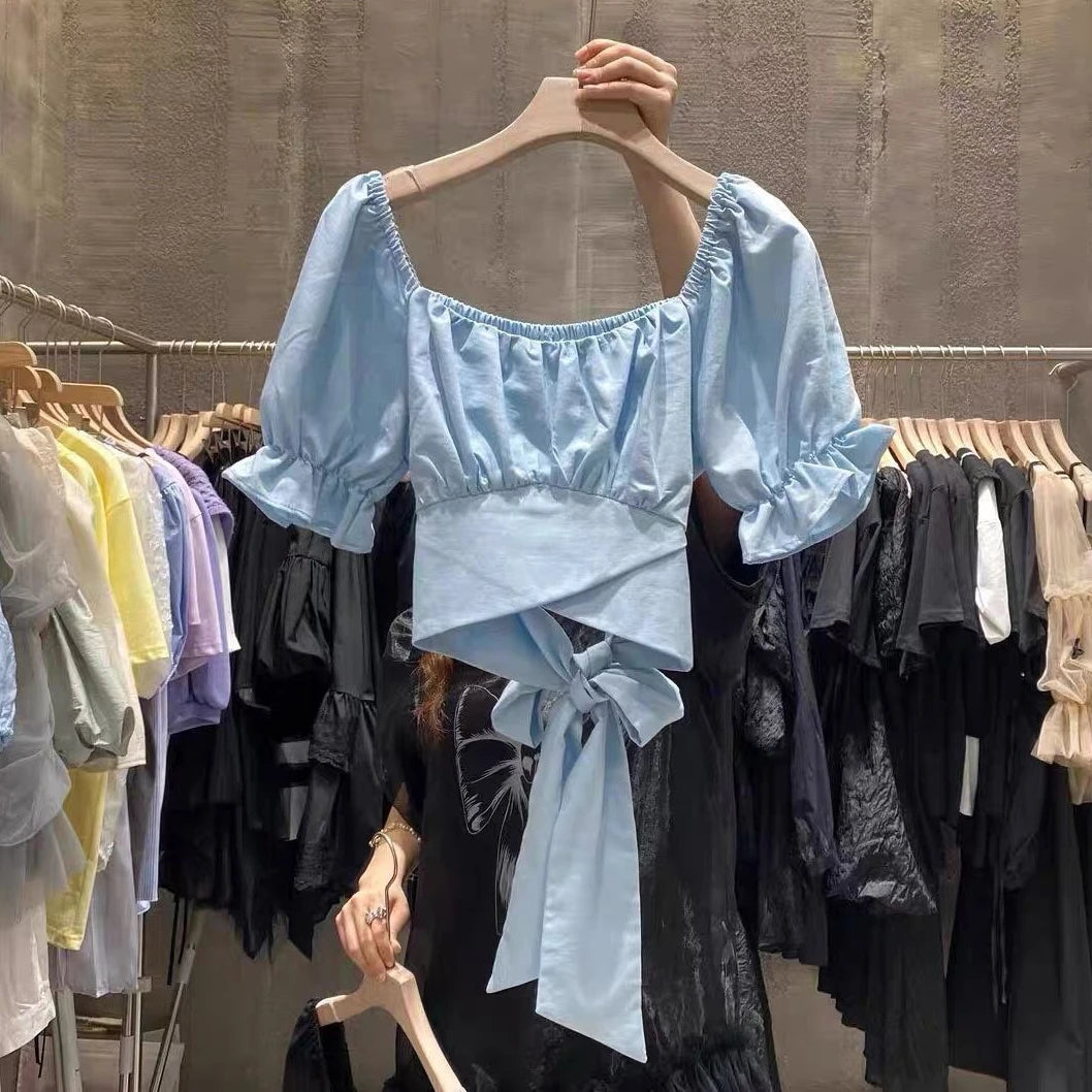 Sweet Pleated Blouses Women 2025 Blusas Mujer De Moda Puff Sleeve Square Collar Bandage Bow Crop Tops Summer White Blouse Shirts