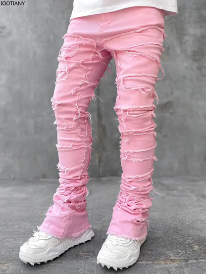 New Fashion Stretch Jeans Man Stacked Jeans Elastic Waist Straight Fit Patchworks Denim Long Pants Fringe Ripped Jeans For Men