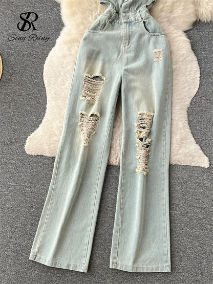 SINGREINY American Retro Streetwear Denim Jumpsuits Zipper Pocket High Waist Wide Legs Ripped Pants Summer Women Slim Rompers