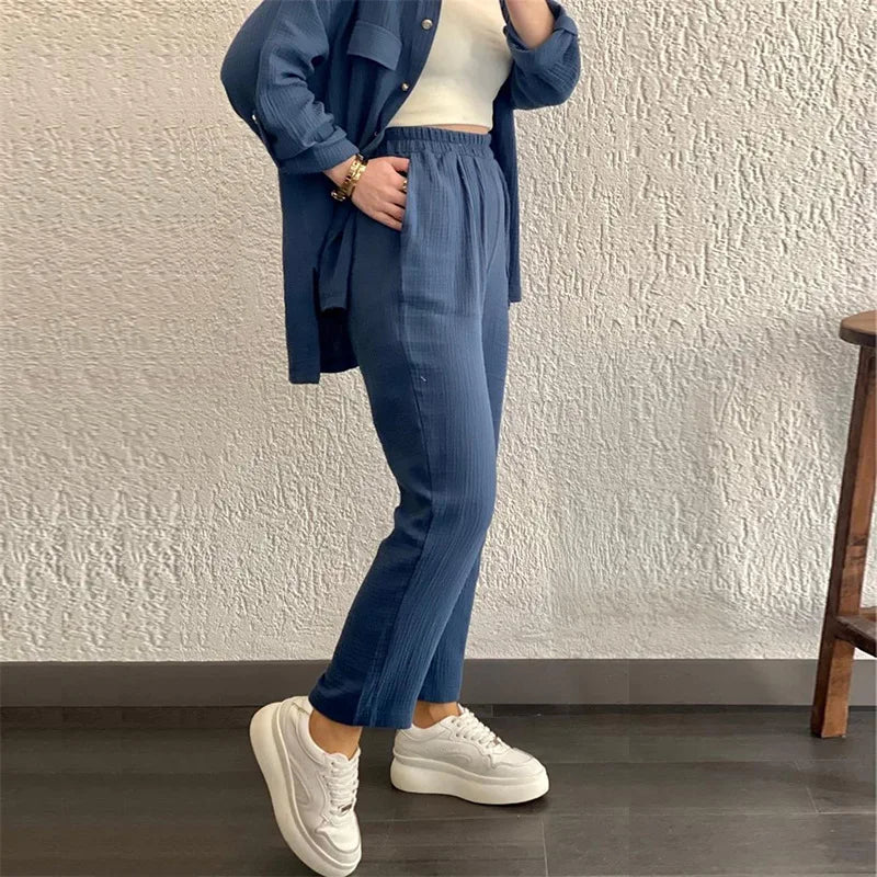 summer outfits for women 2025 New Loose Button Long Sleeve Shirt and Cropped Pants Casual Sports Summer women's suit Pants Set