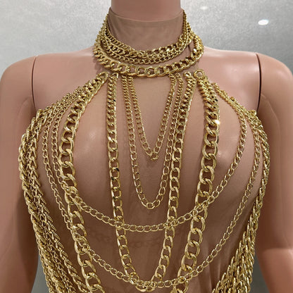 Gold Luxury Chains Khaki Sexy See-Through Sheath Mini Dress Evening Party Performance Costume Bar Nightclub Singer Stage Wear