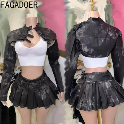 FAGADOER Punk Gothic Leather Two Piece Set for Women Long Sleeves Crop Jacket + Pleated Skirt Suits Fashion Streetwear 2025 New
