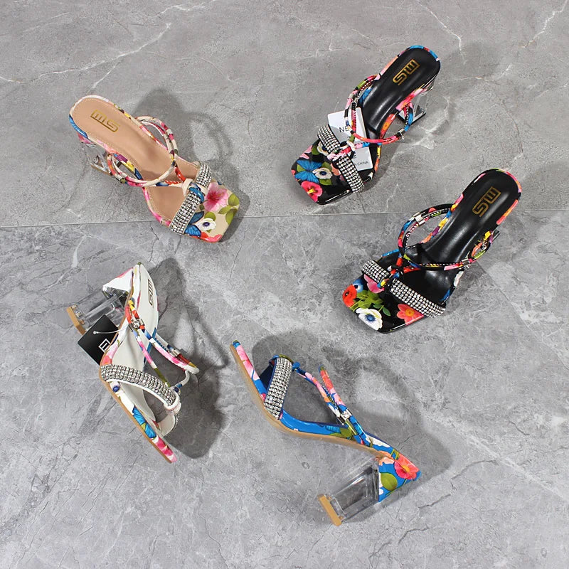 Summer New Crystal Open Toe Mixed Color High Heels Women Sandals