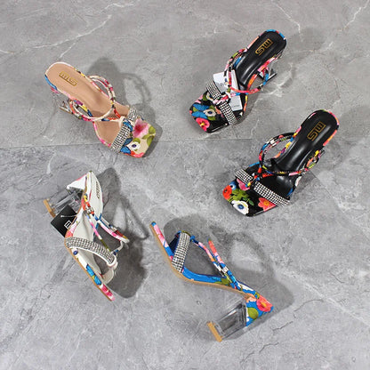 Summer New Crystal Open Toe Mixed Color High Heels Women Sandals