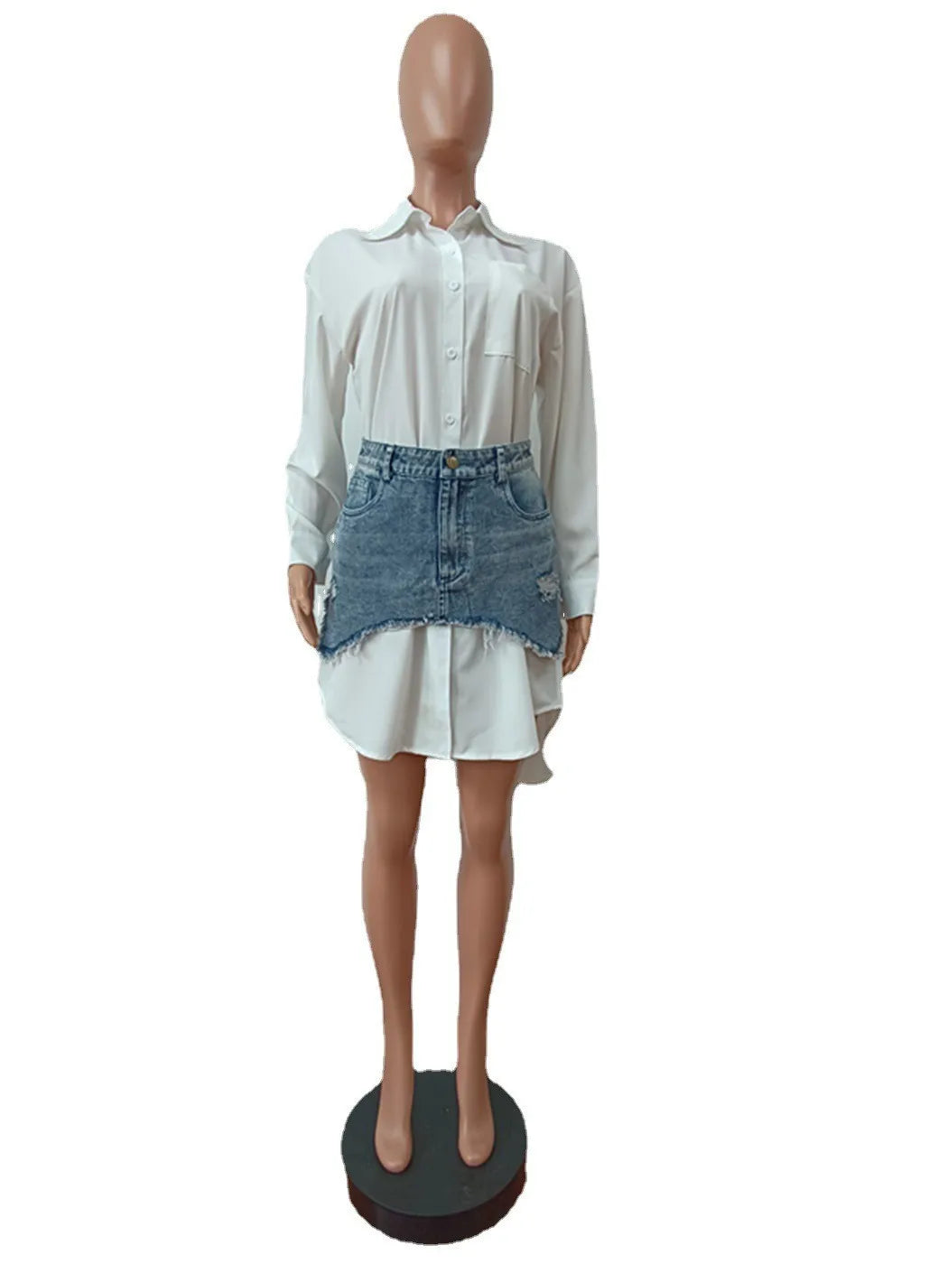 Joskaa Solid Lapel Long Sleeve Single Breasted Shirt Dress and Irregular Denim Skirt Two Piece Set Women 2023 Cute Street Outfit