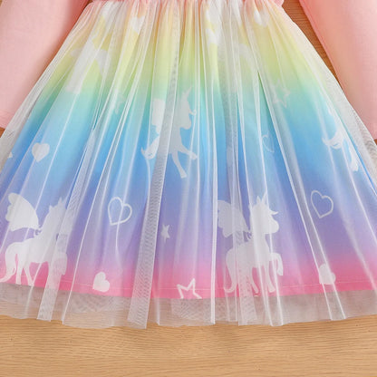 2025 New Princess Dress Unicorn Girls Dress Spring Kids Clothes Birthday Party Dress Long-sleeved for Children Rainbow 2-8Y
