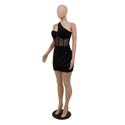 2023 Summer Women Sleeveless One Shoulder Bodycon Sexy Glitter Sequined Mesh Patchwork Mini Dress For Women Birthday Party