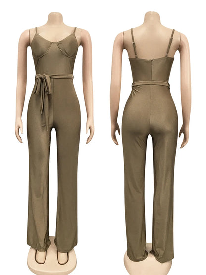 HBLL Women's Sexy Jumpsuits Clubwear Elegant Party Rompers High Waisted Wide Leg Pants One Piece Sleeveless Jumpsuit with Belt