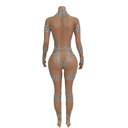 Fashion Sparkly Diamonds Skinny Jumpsuit Women Nightclub Prom Party Outfit Singer Dancer Performance Costume Stage Wear Dunpai