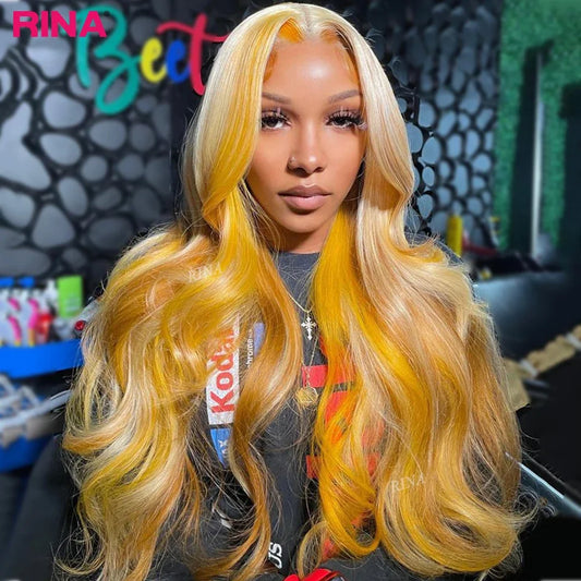 Yellow With 613 Lace Front Wig 13X4 Ombre Light Yellow Blonde 613 Color Body Wave Lace Front Wigs PrePlucked Human Hair Wigs