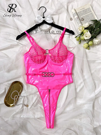 SINGREINY 2024 Leather Sexy Bodysuit Fashion Zipper Open Crotch Erotic Rompers Backless Mesh Sheer Hollow Out Sheath Playsuit