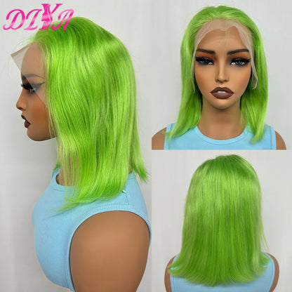 Light Lime Green Bob Wig Human Hair 13x4 Frontal Lace Wig Human Hair Pre Plucked HD Lace Bob Straight Colored Human Hair Wigs