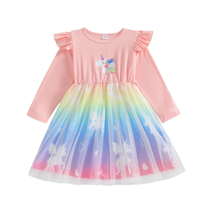 2025 New Princess Dress Unicorn Girls Dress Spring Kids Clothes Birthday Party Dress Long-sleeved for Children Rainbow 2-8Y