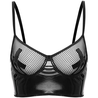 Womens Lingerie Fishnet Mesh Bra Bustier See Through Mesh Underwire Balconette Back Zipper Bras Sexy Push Up Wet Look Crop Top