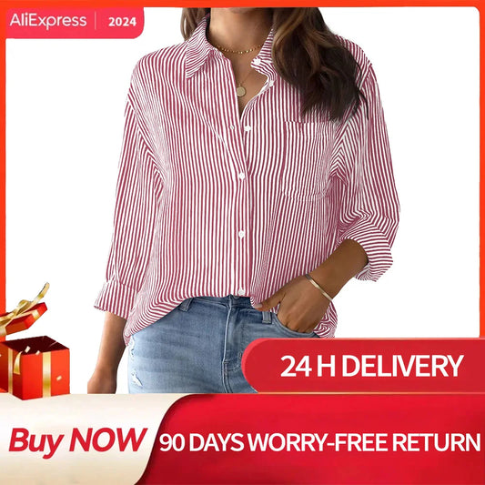 Women's Shirt Blouse Pink Striped classic Print,Button Long Sleeve Casual  No pockets Daily Basic Shirt 2025 Fall & Winter Tops