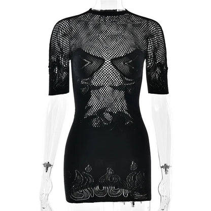 Sifreyr High Stretch Sheer Mini Dress Women Basics Solid Color O Neck Short Sleeve Slim Bodycon Party Sexy Dresses Fashion