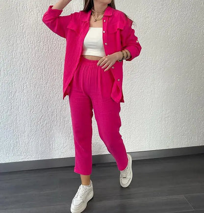 summer outfits for women 2025 New Loose Button Long Sleeve Shirt and Cropped Pants Casual Sports Summer women's suit Pants Set