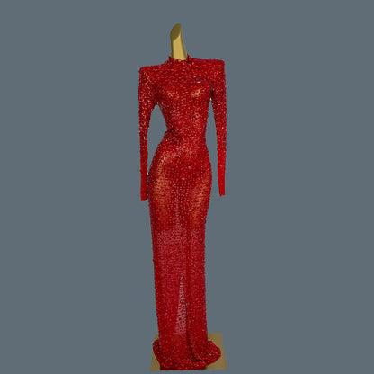 Stunning Evening Gown Long Dress Birthday Celebrate Luxurious Costume Sparkly Big Rhinestone Dancer Flashing Party Dress Gesebei