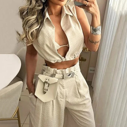 Women Two Piece Pants Set 2025 Solid Lapel V Neck Sleeveless Crop Top + Casual High Waist Pocket Wide Leg Pants Set Streetwear