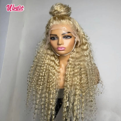 13x4 Transparent 613 Honey Blonde Colored Curly Lace Frontal Wigs Human Hair 180% Remy Water Wave Human Hair Wig For Woman Ubest