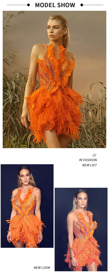 PB 2024 New Orange Prom Dresses  Sparkly Beading Crystal Rhinestones Feathers Embellished Birthday Party Cocktail Evening Dress