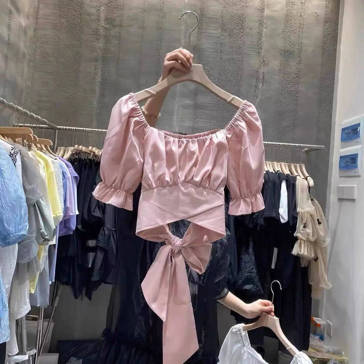 Sweet Pleated Blouses Women 2025 Blusas Mujer De Moda Puff Sleeve Square Collar Bandage Bow Crop Tops Summer White Blouse Shirts